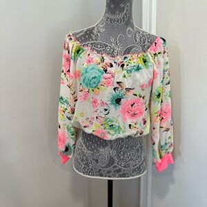 Women’s Sz: M Unique 21 Bright Colorful Floral Off The Shoulder Sheer Blouse.
